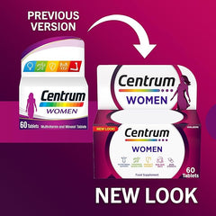 Centrum Women Multivitamin Tablets for Women, Vitamins with 23 Essential Nutrients, including Vitamin C, D, and Iron, 60 ct (Packaging and Tablet colour may vary slightly)