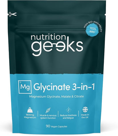 Nutrition Geeks-Magnesium Glycinate 3-in-1 Complex - 1800mg Supplements as Bisglycinate, Citrate & Malate 90 Vegan Capsules, Triple High Absorption 384mg Elemental, UK Made