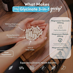 Nutrition Geeks-Magnesium Glycinate 3-in-1 Complex - 1800mg Supplements as Bisglycinate, Citrate & Malate 90 Vegan Capsules, Triple High Absorption 384mg Elemental, UK Made