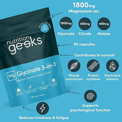 Nutrition Geeks-Magnesium Glycinate 3-in-1 Complex - 1800mg Supplements as Bisglycinate, Citrate & Malate 90 Vegan Capsules, Triple High Absorption 384mg Elemental, UK Made