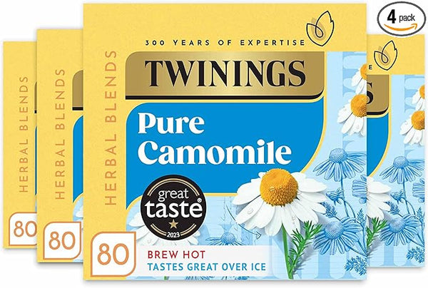 Twinings Pure Camomile Flavoured Tea - 320 BiodegradableTea Bags (Multipack of 4 x 80 Bags), Caffeine & Sugar Free Herbal Vegan Tea , Soothing & Calming Beverage