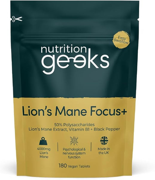 Nutrition Geeks-Lions Mane Supplement 4000mg with Vitamin B1 & Black Pepper, 180 Vegan Tablets - Lion's Mane Mushroom 15:1 Extract (Not Lions Mane Powder or Capsules), UK Made for Mental Performance & Nervous System